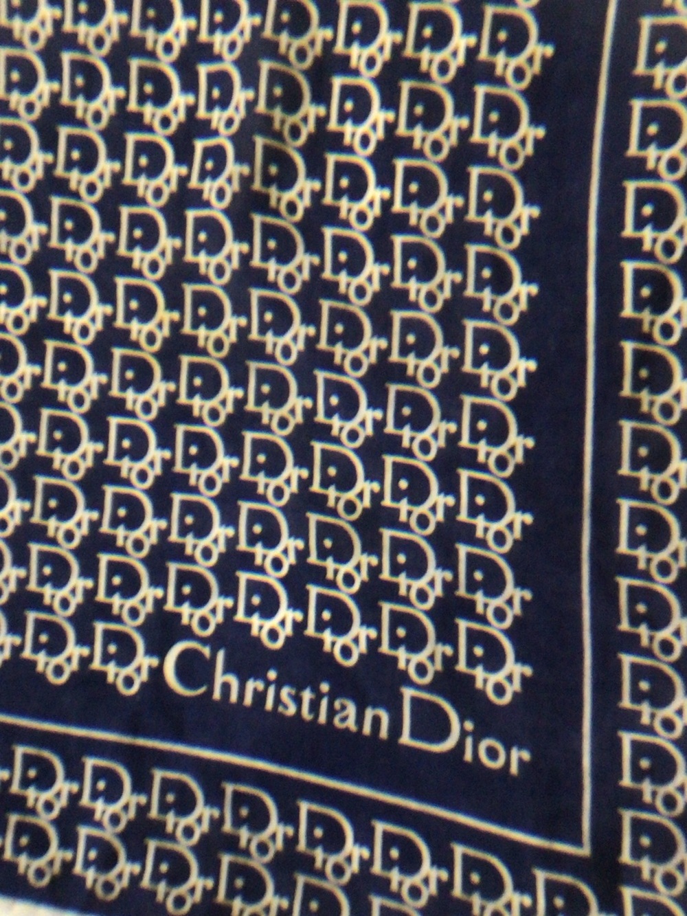 Christian Dior vintage silk twill  Navy scarf Cream Logo Pattern 21”x21”